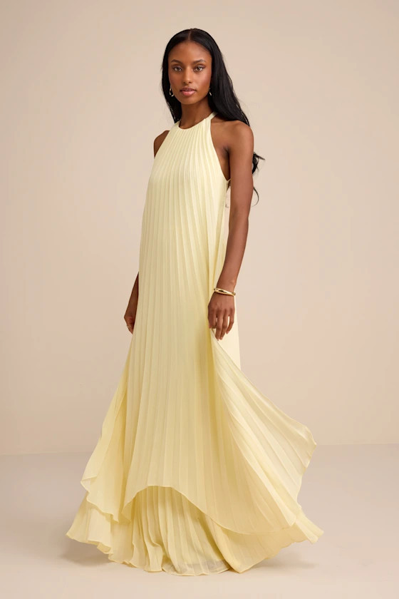 Dorala Light Yellow Pleated Lace-Up Tiered Maxi Dress | Lulus