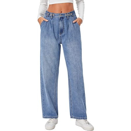 tyddefre Women s Casual High Rise Wide Leg Jeans Adjustable Button Pleated Waist Denim Pant | Walmart (US)