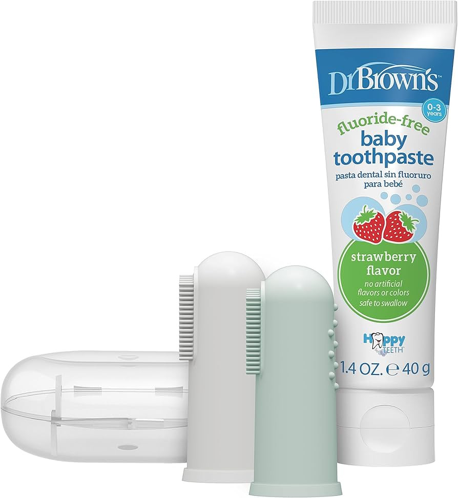 Dr. Brown's 100% Silicone Baby Finger Toothbrush and Toothpaste Set, 2-Pack Toothbrush with Storage Case, Fluoride-Free Strawberry Toddler Toothpaste, Gray & Light-Green | Amazon (US)