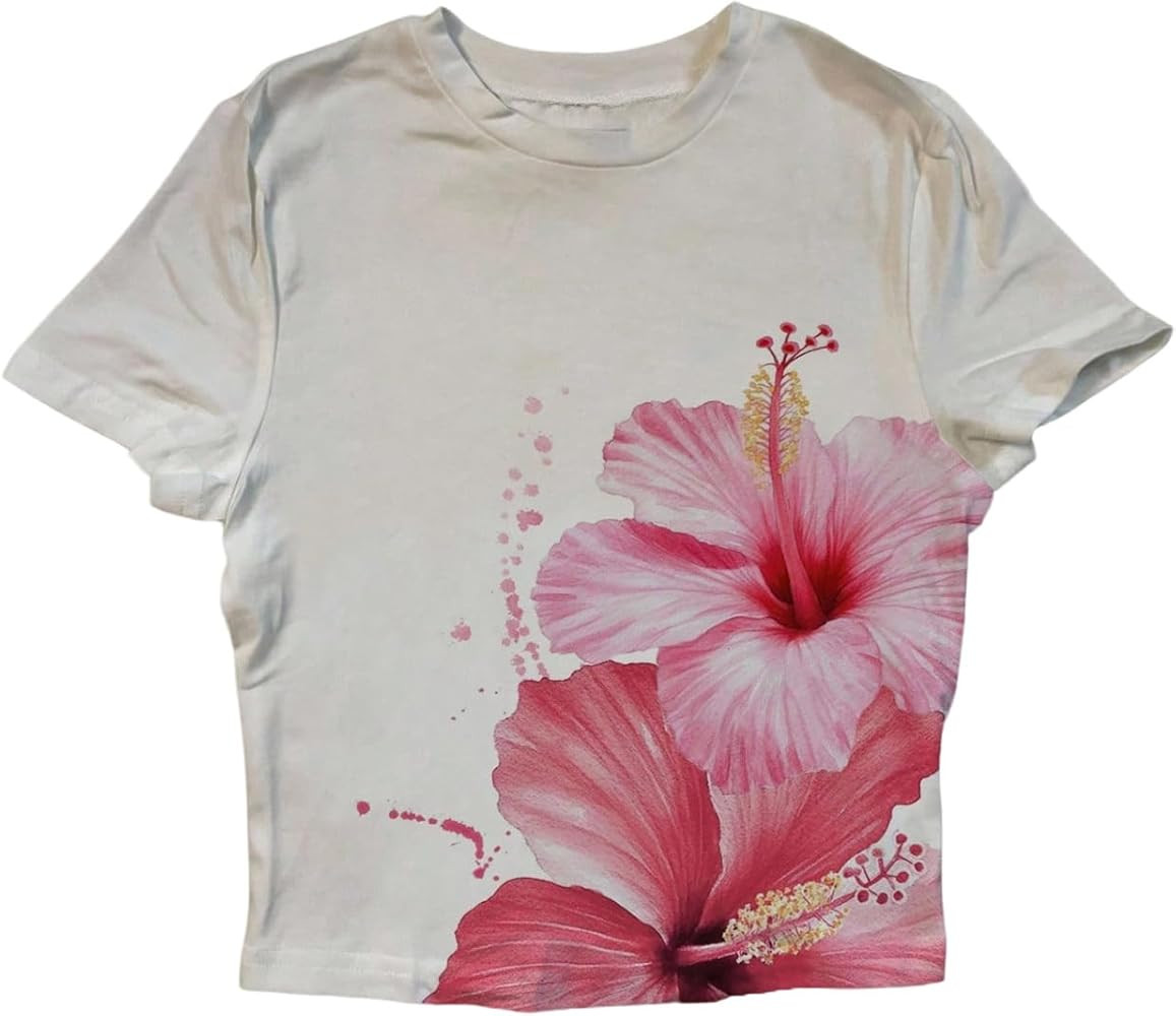 RoseSeek Women's Hibiscus Graphic Tees Short Sleeve Crew Neck Summer Casual T-Shirts | Amazon (US)
