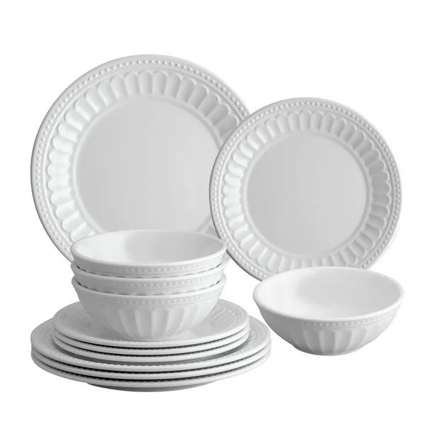 Gourmet Art 12-Piece Beaded Chateau Melamine Dinnerware Set, White, Service for 4. Includes Dinne... | Walmart (US)
