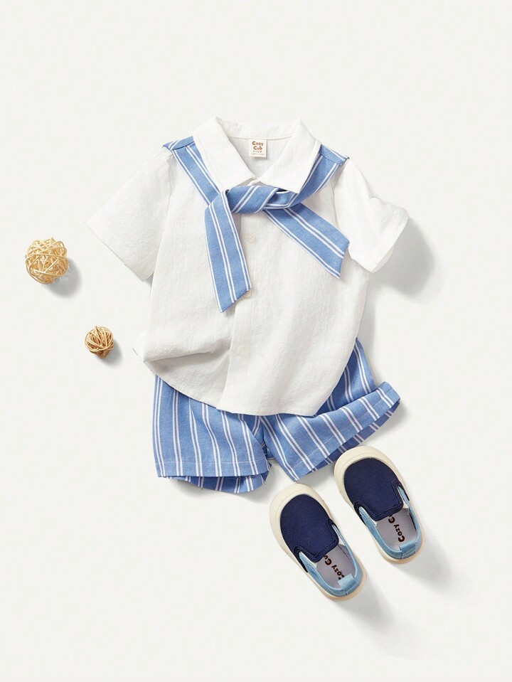 Cozy Cub Baby Boy Plain Color Turn-Down Collar Short Sleeve Shirt With Open Front + Blue & White ... | SHEIN