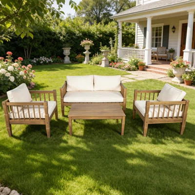 4-piece Acacia Wood Patio Conversation Set | Deep Seating Outdoor Furniture With Water-resistant Thick Cushions & Coffee Table | Non-slip For Backyard | Wayfair North America