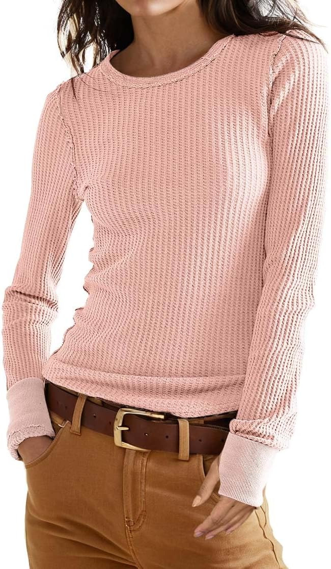 GRECERELLE Long Sleeve Shirts for Women Waffle Knit Tops for Women Y2K Tops | Going Out Tops | Sl... | Amazon (US)