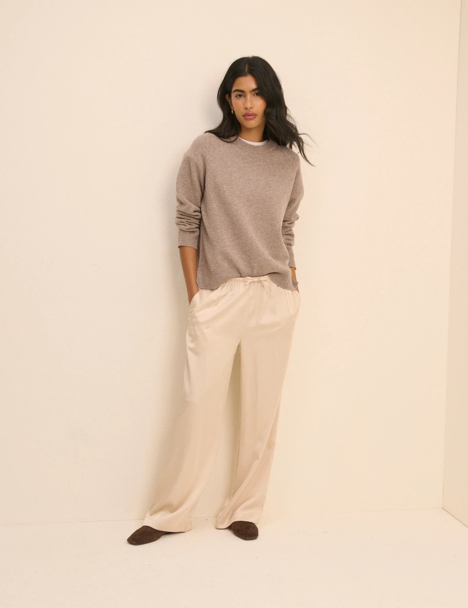 Cream Satin Wide Leg Lyra Trousers | Nobody's Child