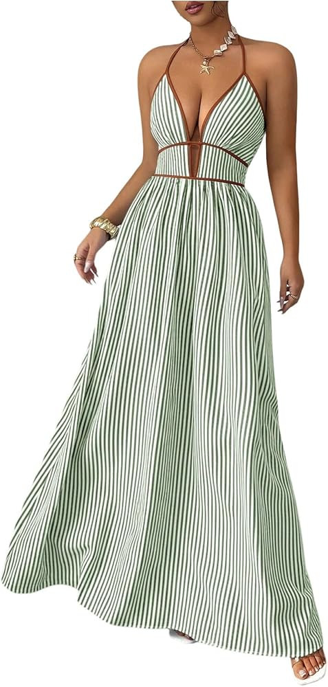 Floerns Women's Striped Halter Maxi Dress Backless Smocked Beach Vacation Boho Dress | Amazon (US)