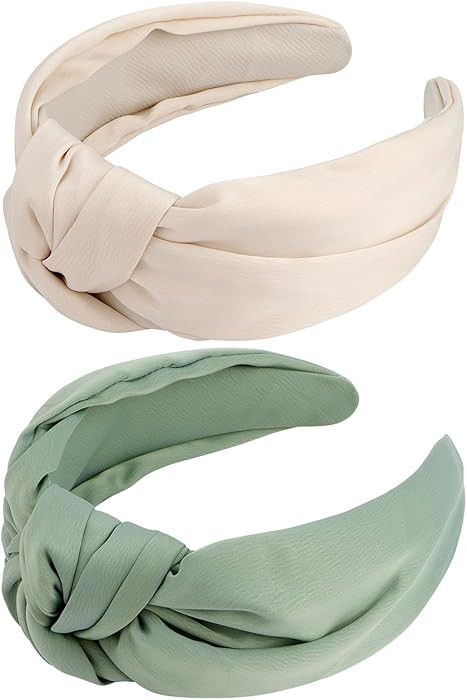 VELSCRUN White, Green 2 Pack Women's Satin Knotted Wide Non-Slip Elastic Turban Fashion Headbands... | Amazon (US)
