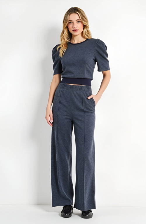 Modenaire Stretch Waistband Puff Sleeve Knit Top and Wide Leg Pants Set in Navy Blue at Nordstrom, Size Medium | Nordstrom