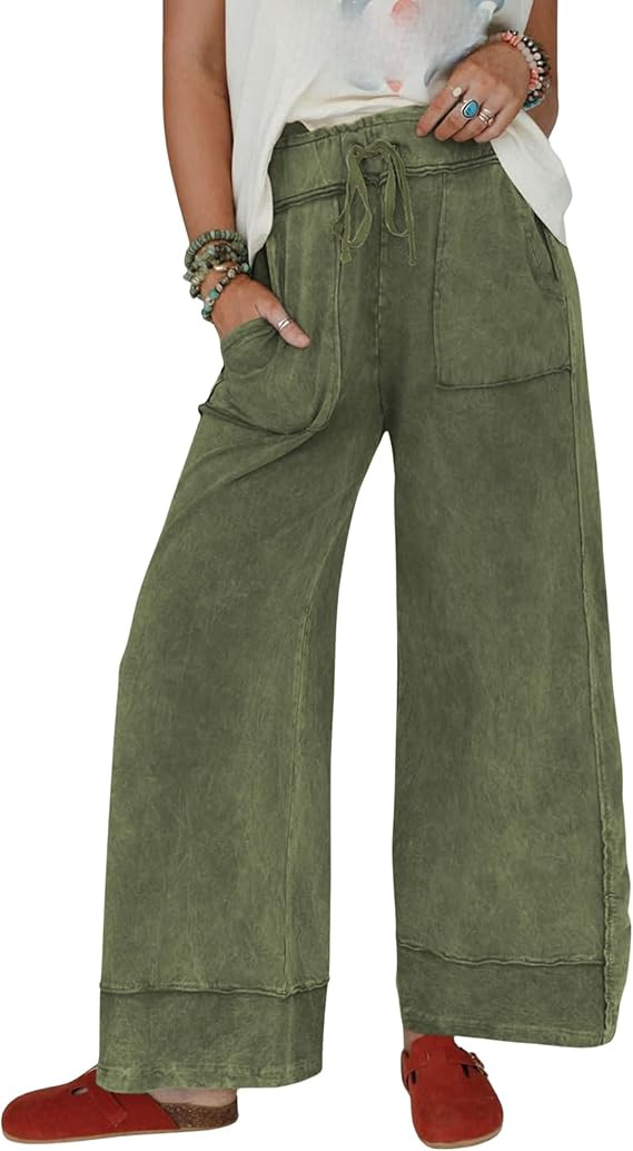 Athlisan Womens Casual Wide Leg Sweatpants Acid Wash Elastic Waisted Palazzo Pants Trousers with ... | Amazon (US)