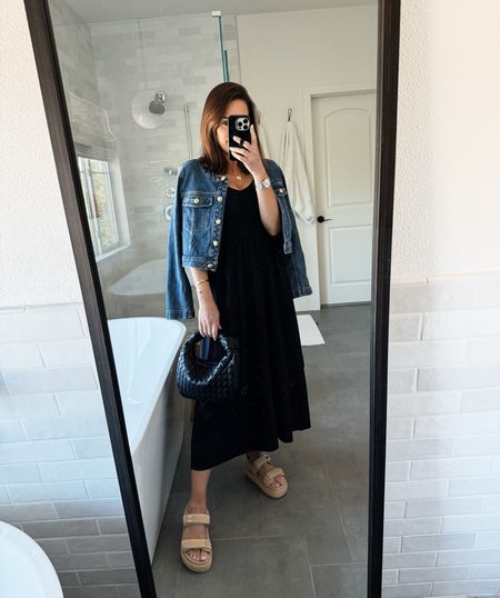 Summer outfit inspo- grabbed lunch in this black midi dress- runs big so size down (wearing an xs). It has adjustable straps and a built in bra- the dress has pockets and is super light weight. Size 4 in the jean jacket and raffia sandals run tts  

#LTKover40 #LTKshoecrush #LTKSeasonal