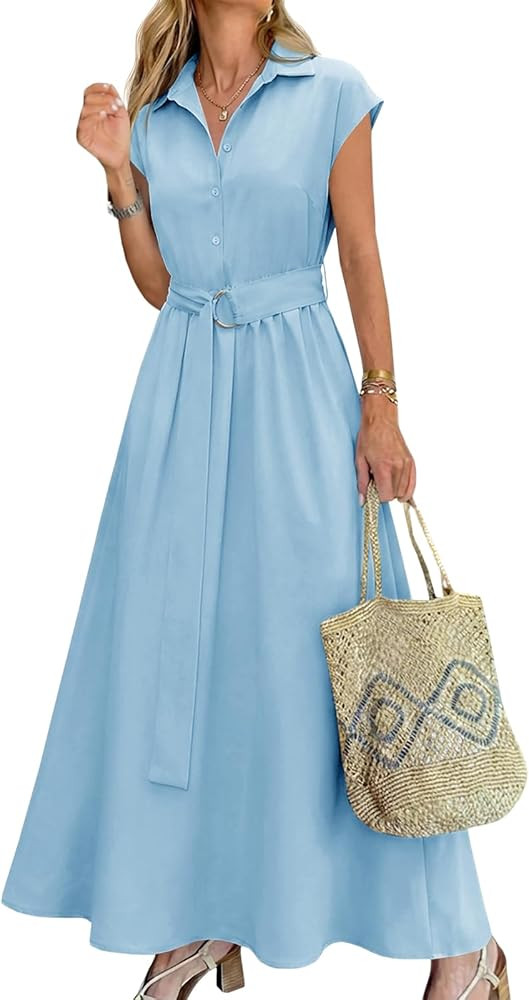 Wenrine Womens Summer Shirt Dress Button Collared Casual Short Sleeve Tie Waist A Line Flowy Long... | Amazon (US)