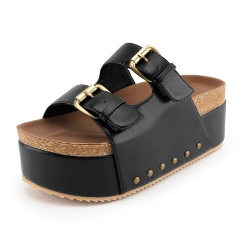 heelchic Platform Sandals Women Adjustable Buckle Casual Heeled Sandals Comfortable Open Toe Arch Support Slide Summer Sandals Black PU 11 | Amazon (US)