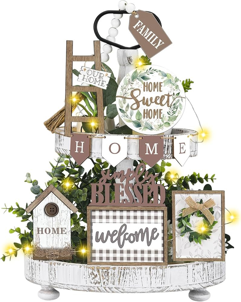 11 Pcs Spring Greenery Tiered Tray Decor Set Spring Kitchen Table Decor Signs Farmhouse Vintage W... | Amazon (US)