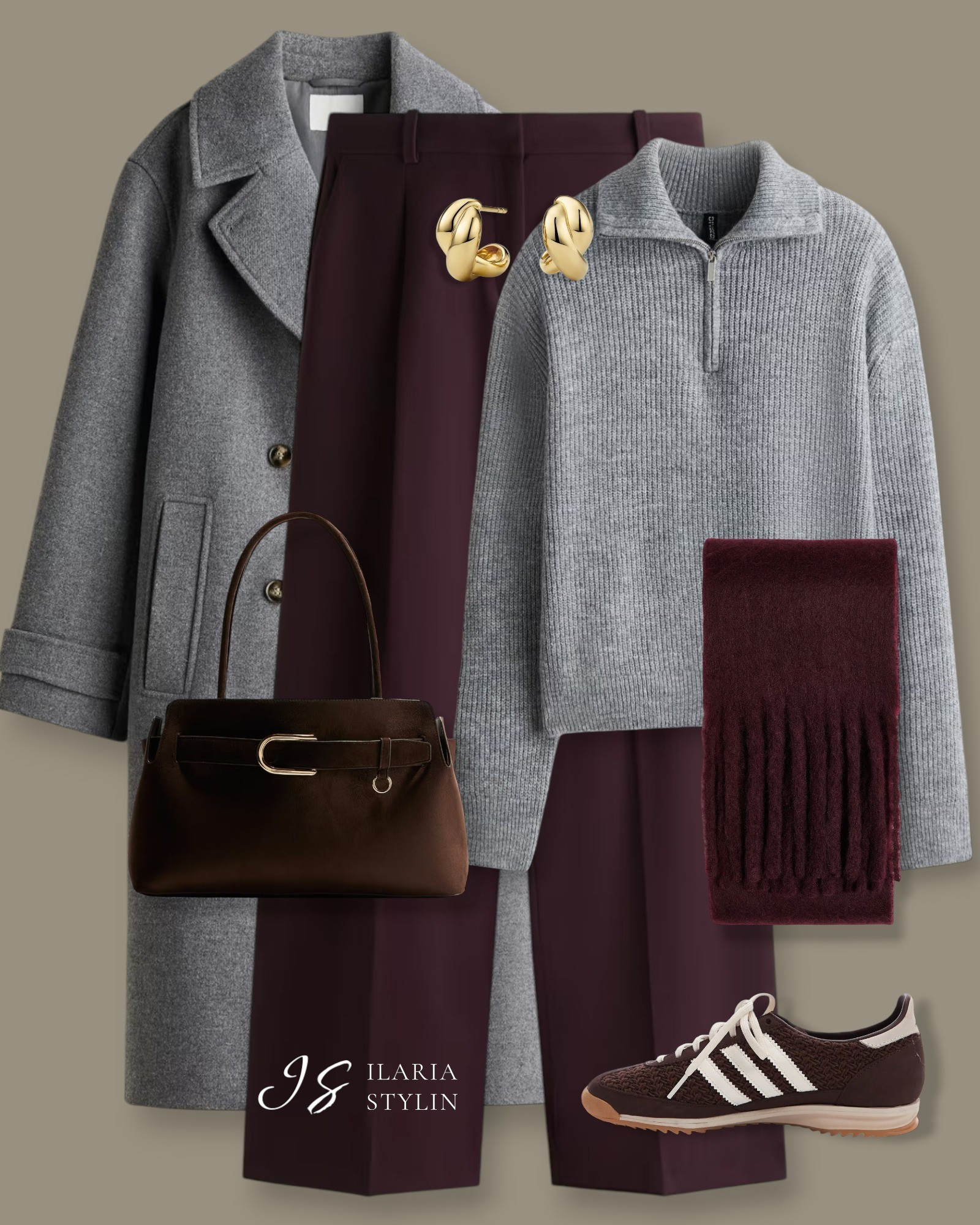 OUTFIT IDEAS: BURGANDY & GRAY ❤️🩶winter outfit, gray coat, double-breasted coat, gray sweater, half-zip sweater, burgandy pants, dress pants, wide leg pants, burgandy scarf, fluffy scarf, dark brown bag, suede bag, tote bag, shoulder bag, adidas sl 72, brown adidas, casual outfit, casual chic outfit

#LTKHoliday #LTKootd #LTKSeasonal
