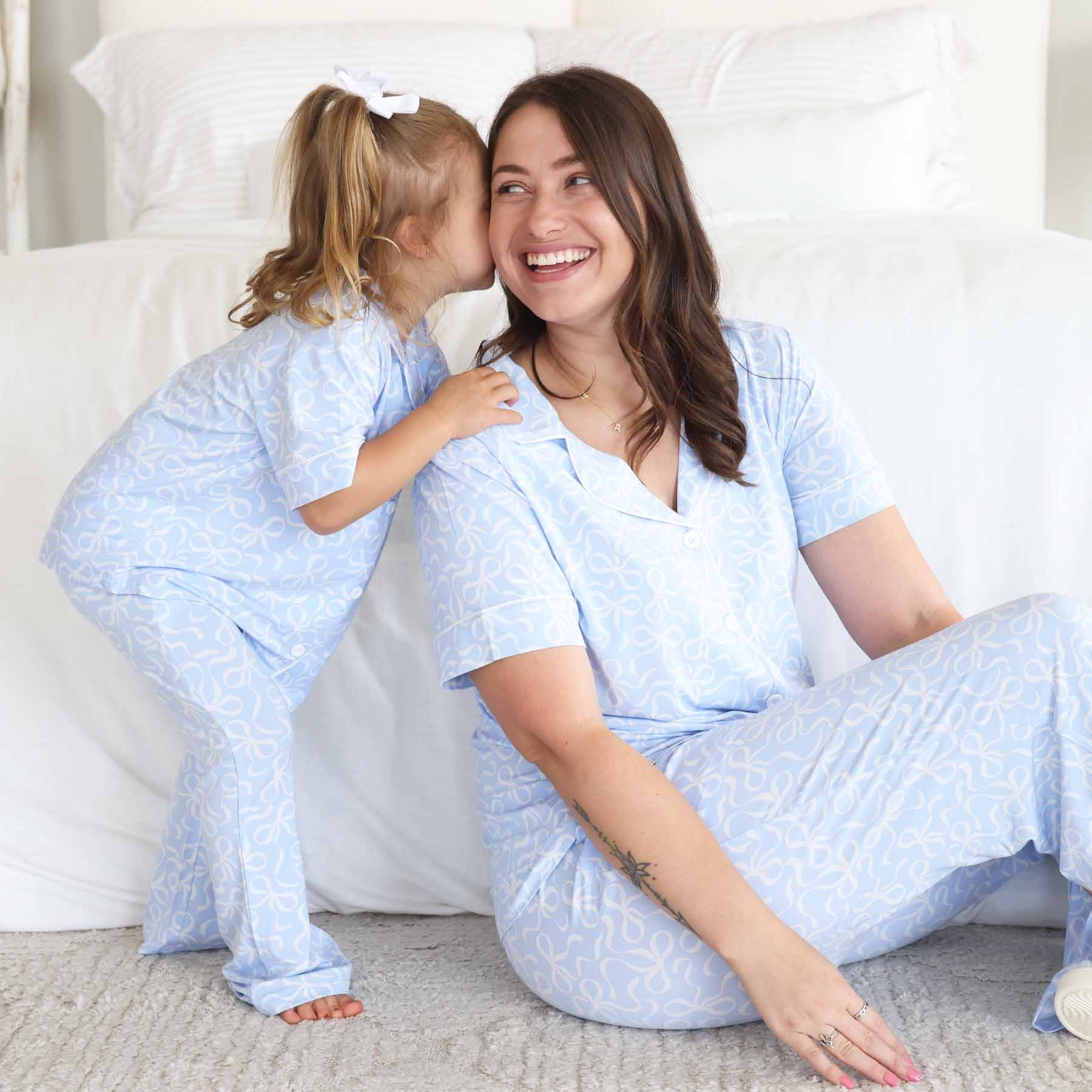 Women's Two Piece Flare Lounge Set | Blue-tiful Bows | Caden Lane