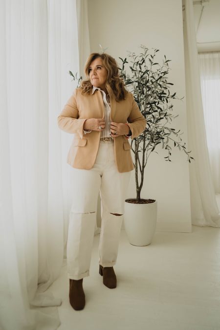 Neutrals. Classic pieces paired with distressed denim. New jeans. Ecru jeans. 

I’m in a 14, my larger size, but order your smaller size. I’m exchanging them for a 12. 

Blazer size XL. Use code NANETTE10 for 10% off 
Blouse runs big!!!! I’m in a L. 
Boots true to size. Calf width is generous. They slide on nicely  

#LTKunder100 #LTKSeasonal #LTKstyletip