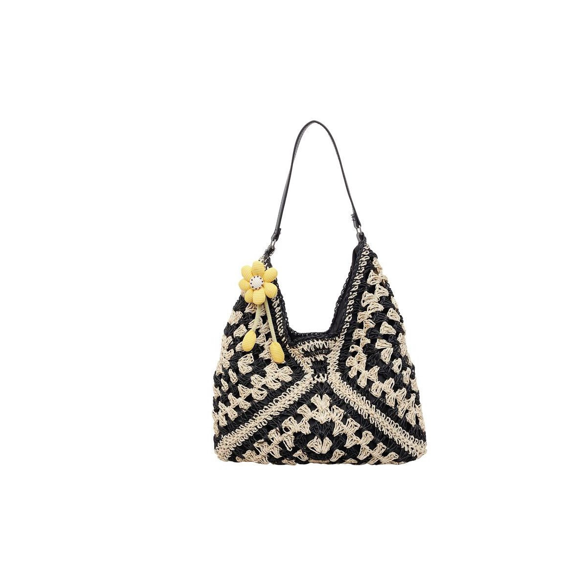 Alilang Women's Crochet Woven Hobo Shoulder Bag with Daisy Charm and Lined Interior - Black | Target