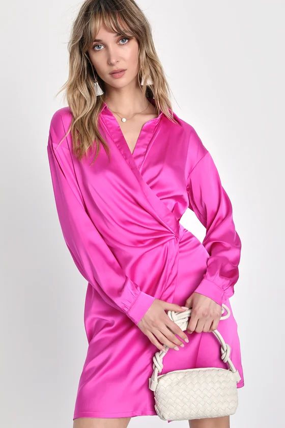 Total Sweetness Hot Pink Satin Long Sleeve Shirt Dress | Lulus (US)