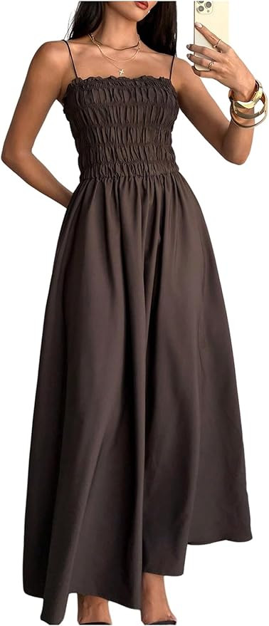 Floerns Women's Summer Long Dresses Spaghetti Strap Shirred Flared Hem Prom Cami Dresses | Amazon (US)