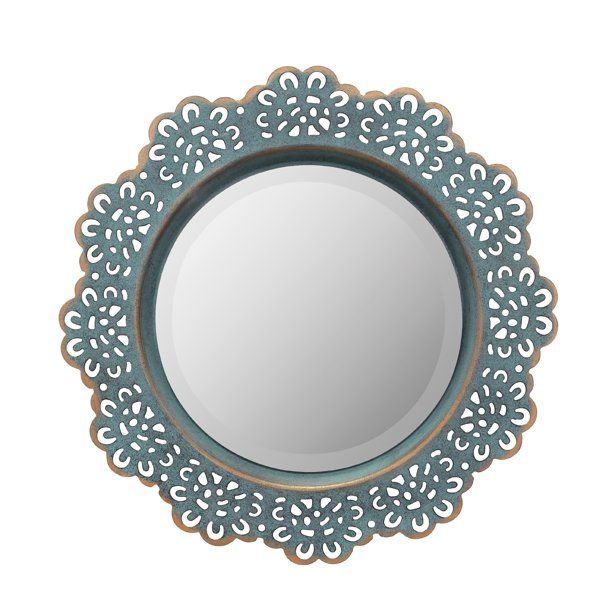 Stonebriar Decorative Round Metal Lace Wall Mirror, Turquoise with Brass Highlights | Walmart (US)