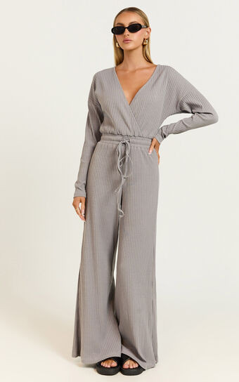 Camille Jumpsuit - Ribbed Jersey Long Sleeve Wide Leg Jumpsuit in Slate Grey | Showpo (US, UK & Europe)