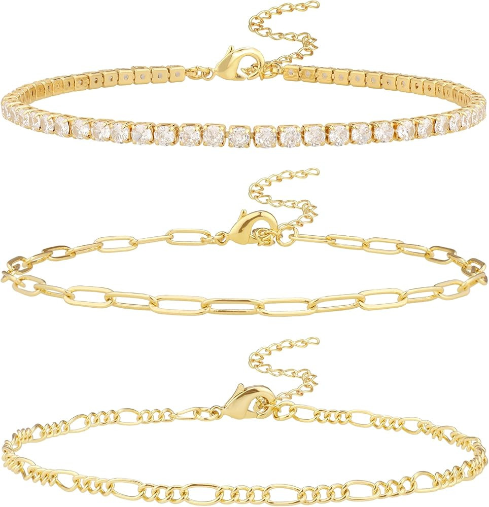 Ankle Bracelets for Women Girls 14K Gold Plated/Sterling Silver Plated Anklet Bracelet Set Cuban ... | Amazon (US)