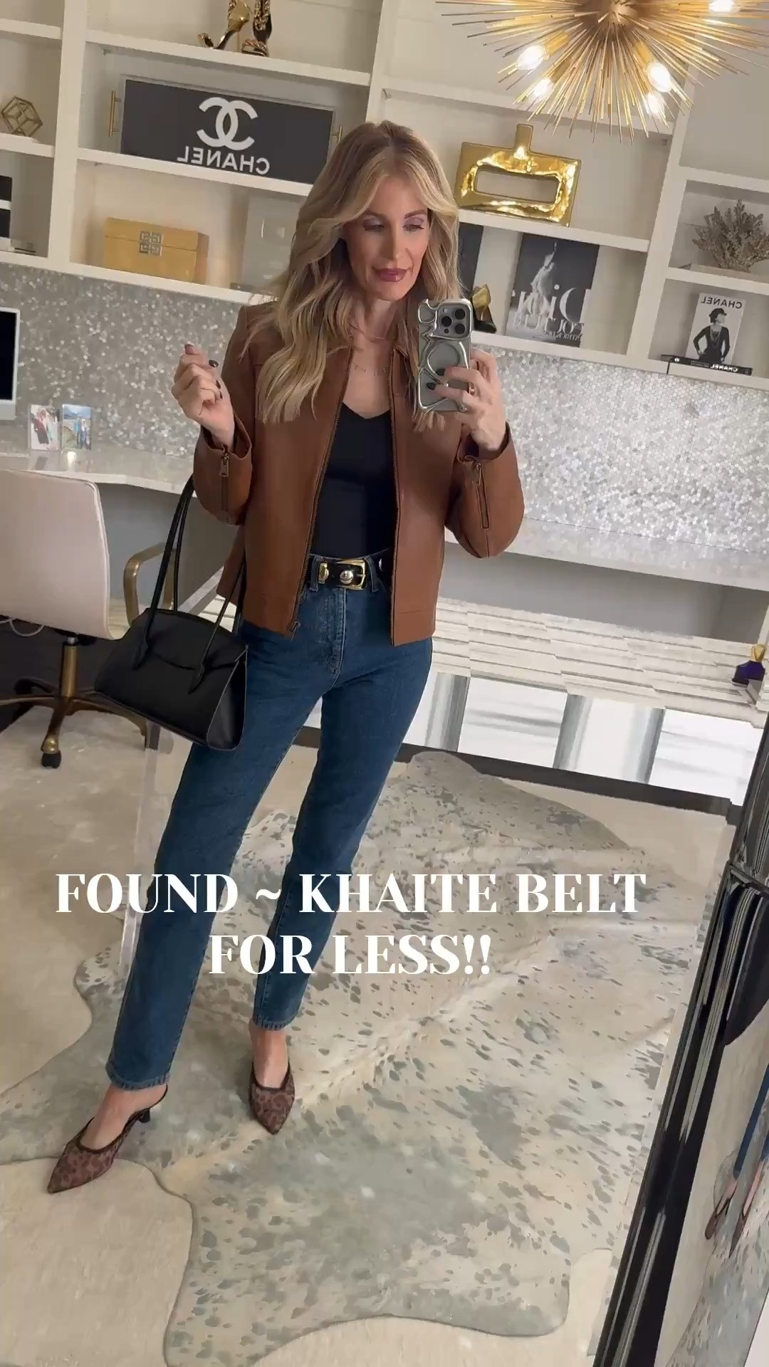 Found - KHAITE belt for less. ✨ This black studded belt is guaranteed to elevate all of your outfits. I’ve worn mine a ton and I swear I get compliments every single time. Adding a belt is such a simple, foolproof way to instantly take your look to the next level… and this one from Quince is SO good. Like truly—I cannot believe the price. It literally looks identical to the designer version. I styled it with this Quince camel leather bomber jacket and my new favorite cigarette jeans (SO slimming and flattering!). ✨ Everything runs true to size: • Jacket: XS • Denim: 24 • Belt: XS Such an easy outfit upgrade that makes everything look more polished instantly. 🖤 

 

#LTKdayinmylife #LTKootd #LTKOver40