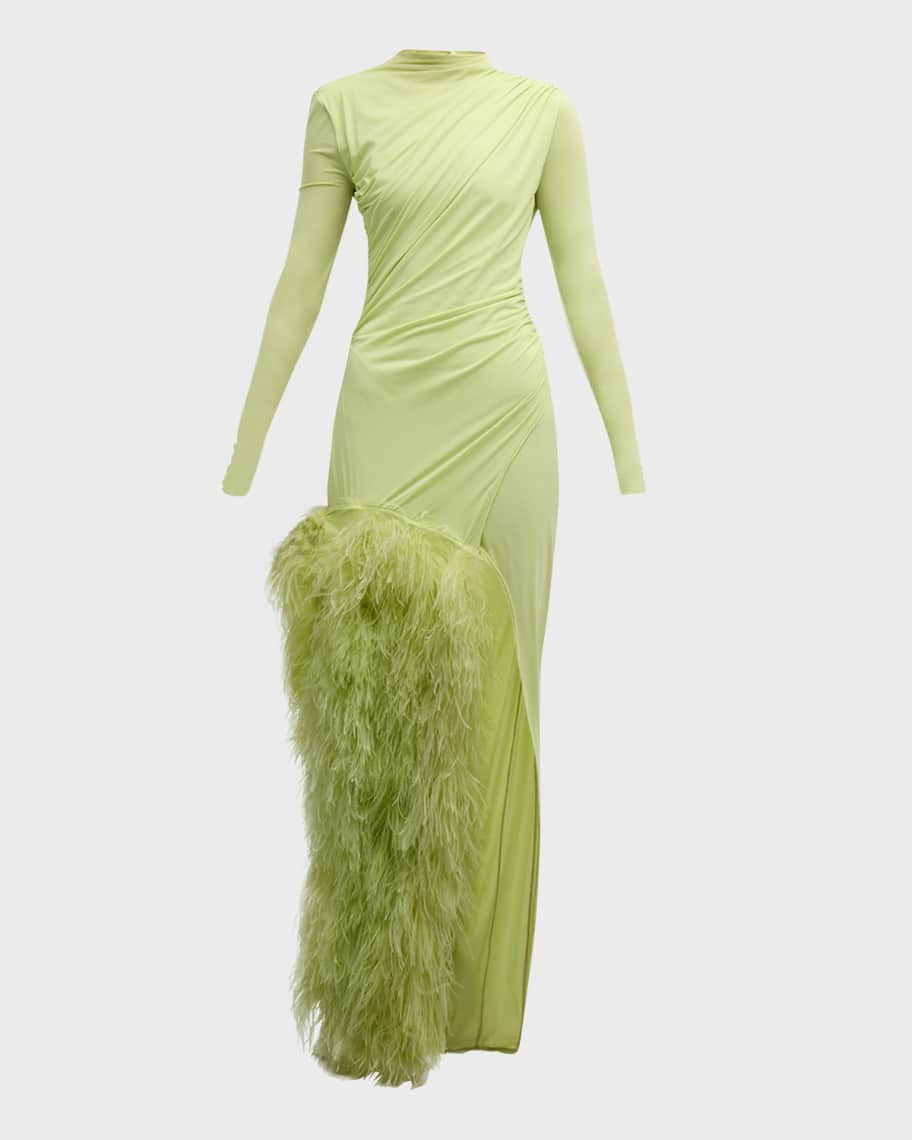 LAPOINTE Feather Draped Lightweight Matte Jersey Maxi Dress | Neiman Marcus