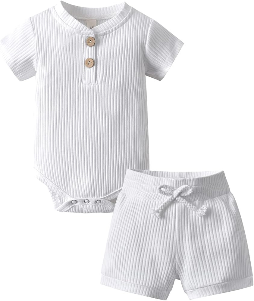 Summer Newborn Baby Boy Girl Clothes Solid Color Ribbed Romper and Shorts Outfits Set | Amazon (US)