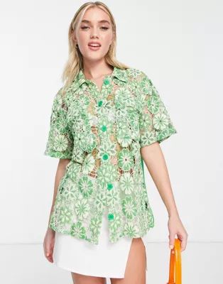 ASOS DESIGN short sleeve shirt in green floral crochet | ASOS | ASOS (Global)