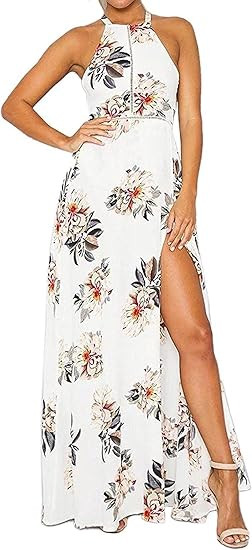 ZESICA Women's Halter Neck Floral Print Backless Split Beach Party Maxi Dress | Amazon (US)