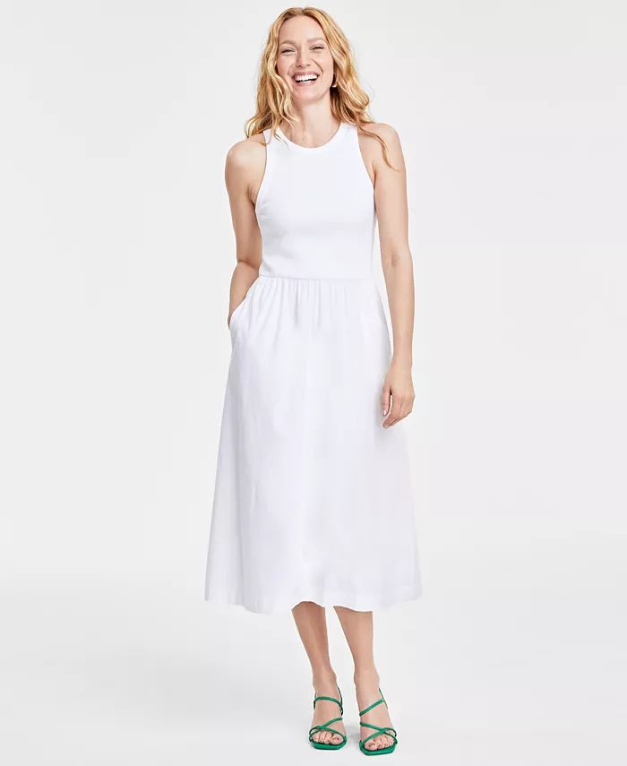 Round-Neck Ribbed-Bodice Midi Dress, Created for Macy's | Macy's