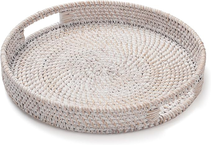 11.8 inch Round Rattan Tray, Decorative Coffee Table Tray, Ottoman Tray, Woven Serving Tray with ... | Amazon (US)