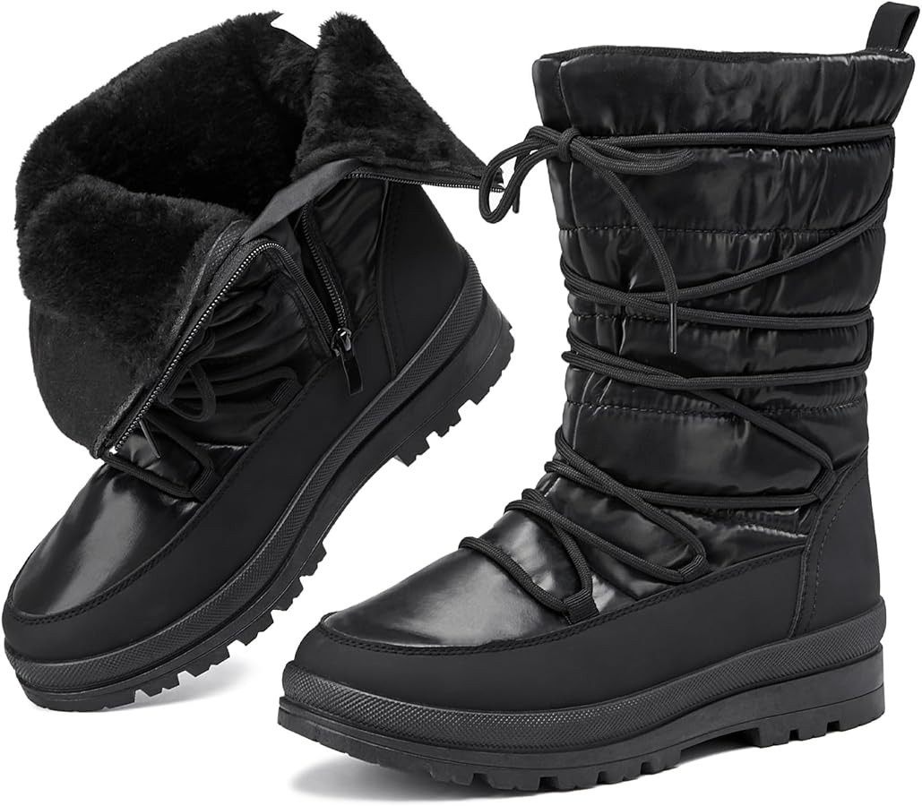 Snow Boots for Women Fur Winter Boots Waterproof Ski Boots Women's Mid Calf Boots Furry White Lac... | Amazon (US)