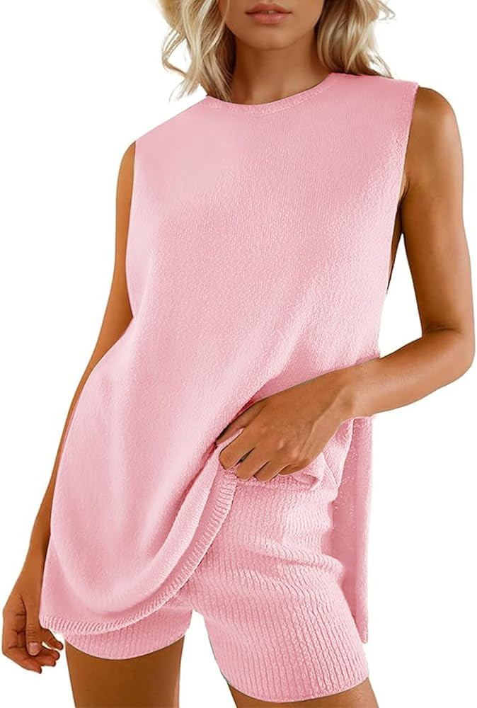 Yimoon Women’s Summer Sweater Set 2 Piece Beach Vacation Outfits Sleeveless Tunic Top Matching ... | Amazon (US)