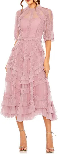 Puff Sleeve Ruffle Tulle Midi Dress | Nordstrom