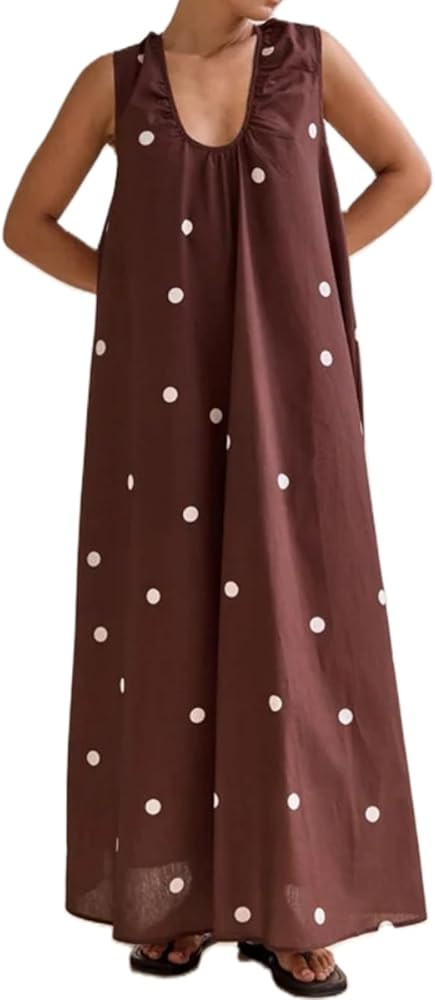 Muineobuka Women Summer Boho Maxi Dress Polka Dot Ruched Wide Shoulder Strap Flowy Long Dress Bea... | Amazon (US)