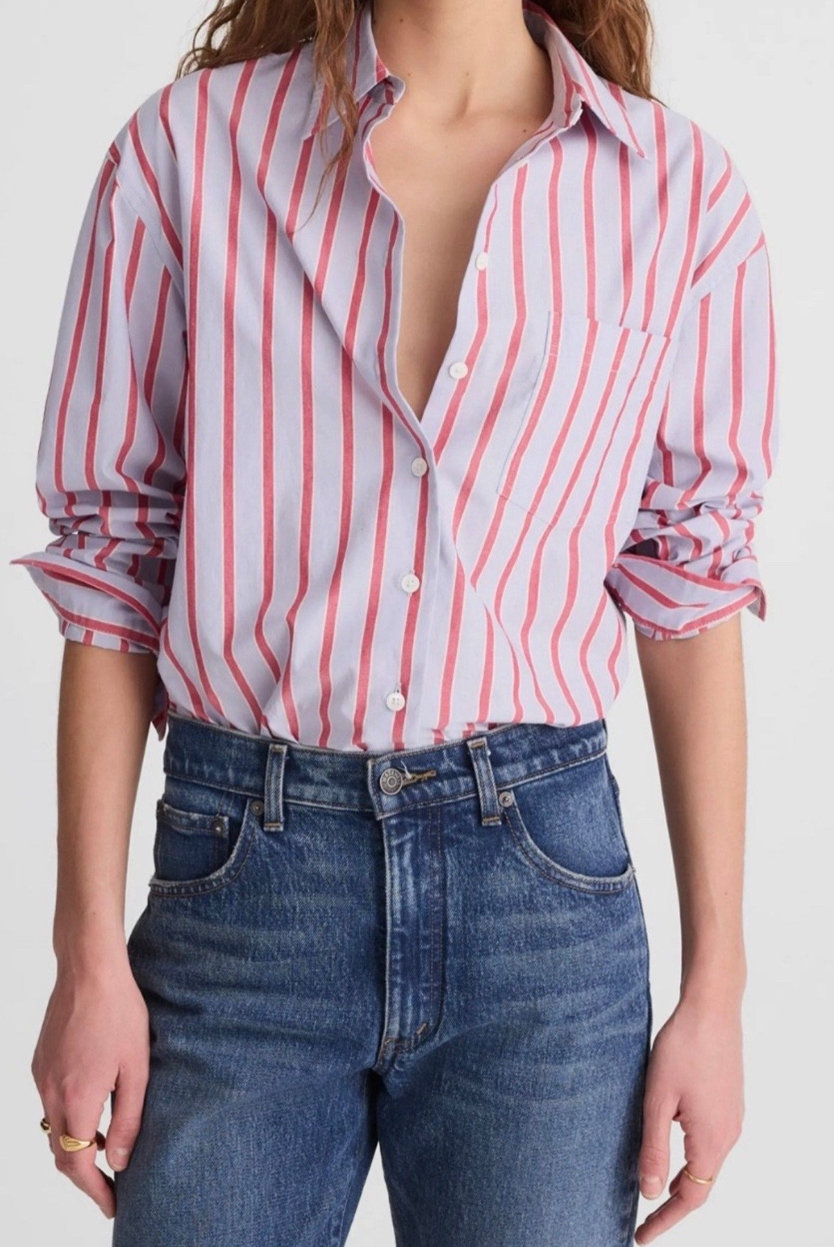 Stripe button down 
Jeans 

#LTKSeasonal #LTKFindsUnder100