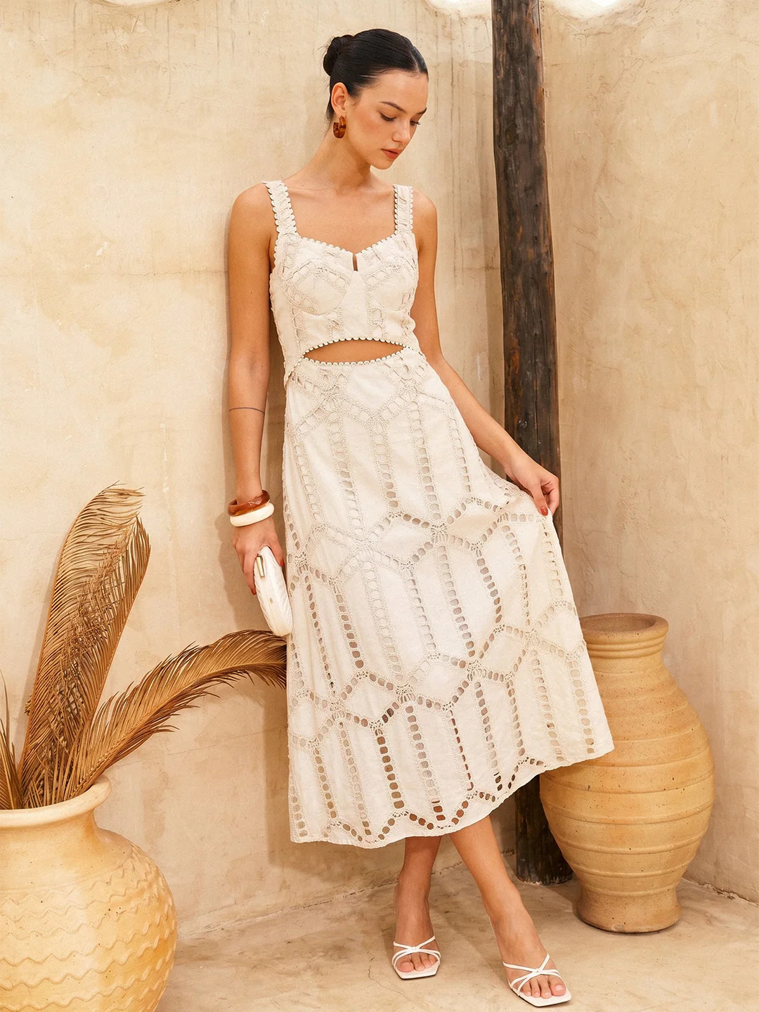 Eyelet Embroidery Cutout Waist Midi Dress | Commense