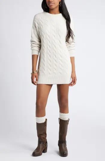 BP. Cable Long Sleeve Sweater Dress in Beige Oatmeal Light Heather at Nordstrom Rack, Size Xx-Small | Nordstrom Rack