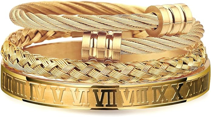 WFYOU 3PCS Stainless Steel Bracelets for Men Gold Roman Numeral Bangle Bracelet Twisted Cable Bra... | Amazon (US)