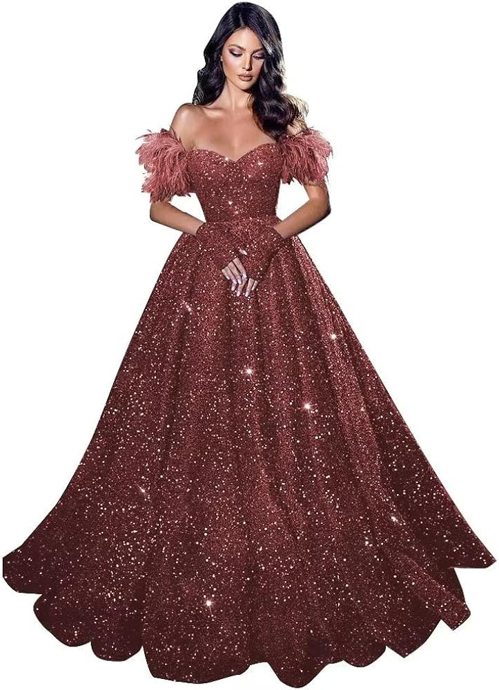 Feather Sequin Prom Dresses 2024 Off Shoulder Ball Gown Sparkly A Line Quinceanera Dresses Gowns ... | Amazon (US)