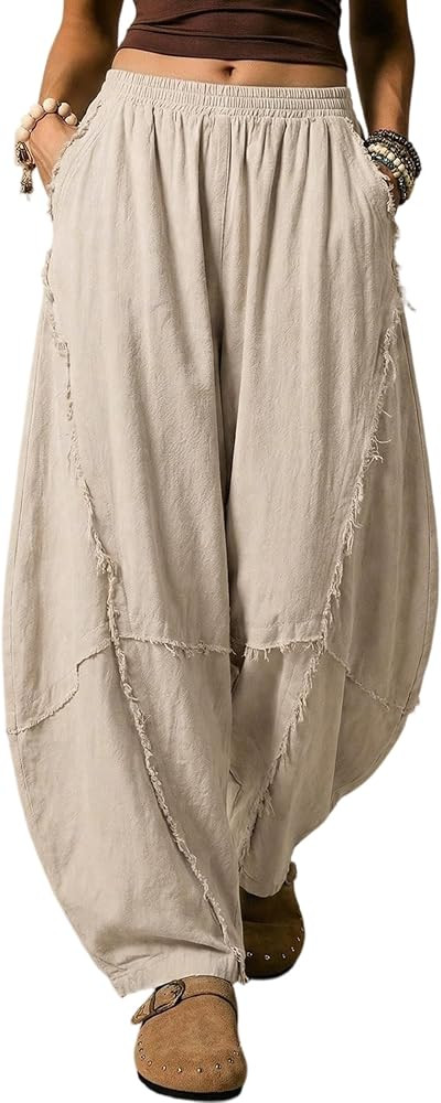 Frayed Hems,Elastic Waist,Boho Flowy Beach Palazzo Pant,Harem Pants with Pockets,Hippie Clothes | Amazon (US)
