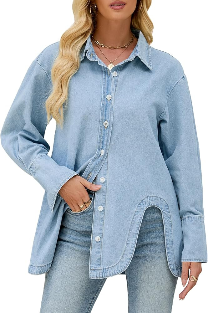Kedera Womens Button Down Denim Shirts Casual Long Sleeve Jean Shacket Jacket Oversized Chambray ... | Amazon (US)