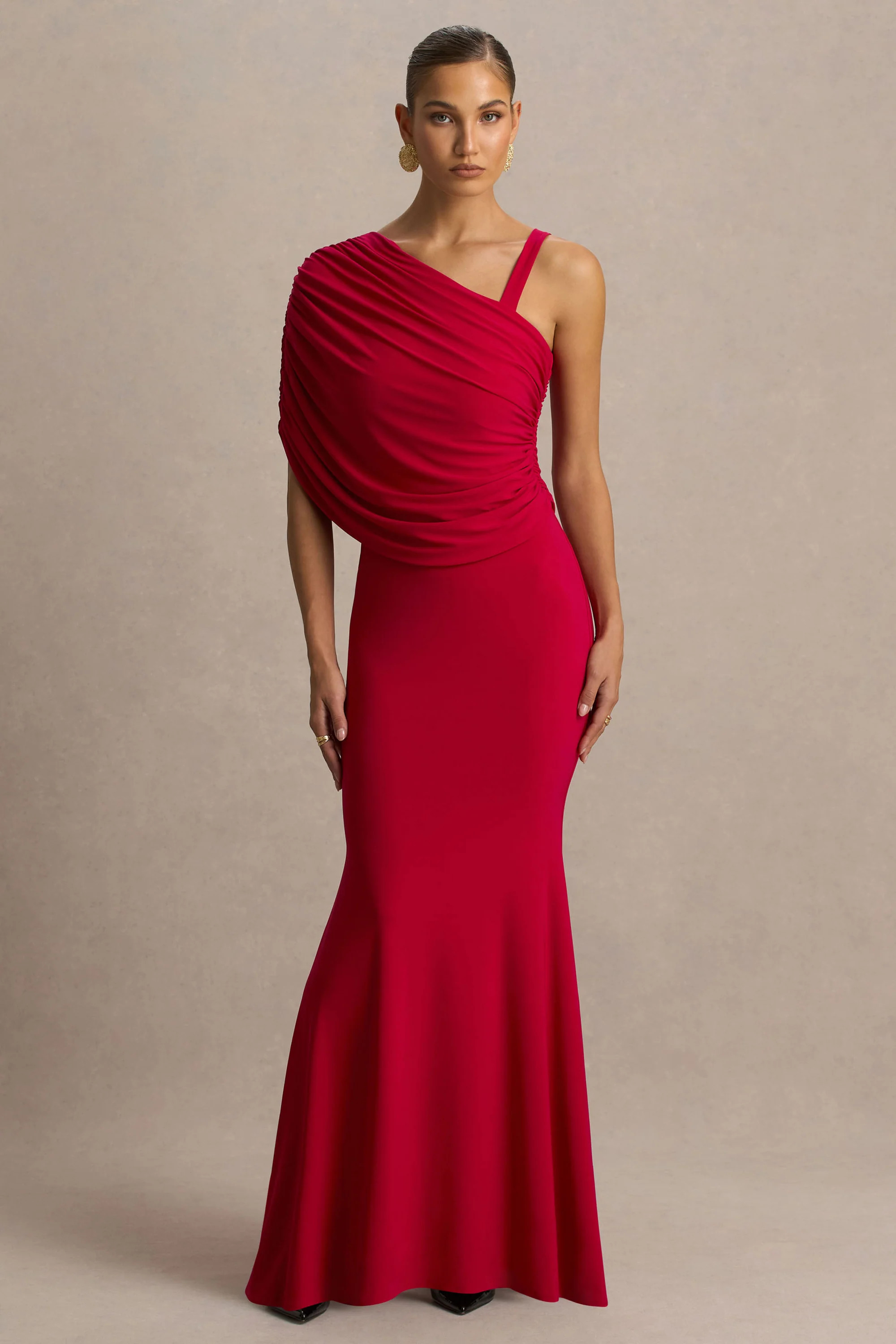 Sylvie | Red Asymmetric-Neck Maxi Dress | Club L London