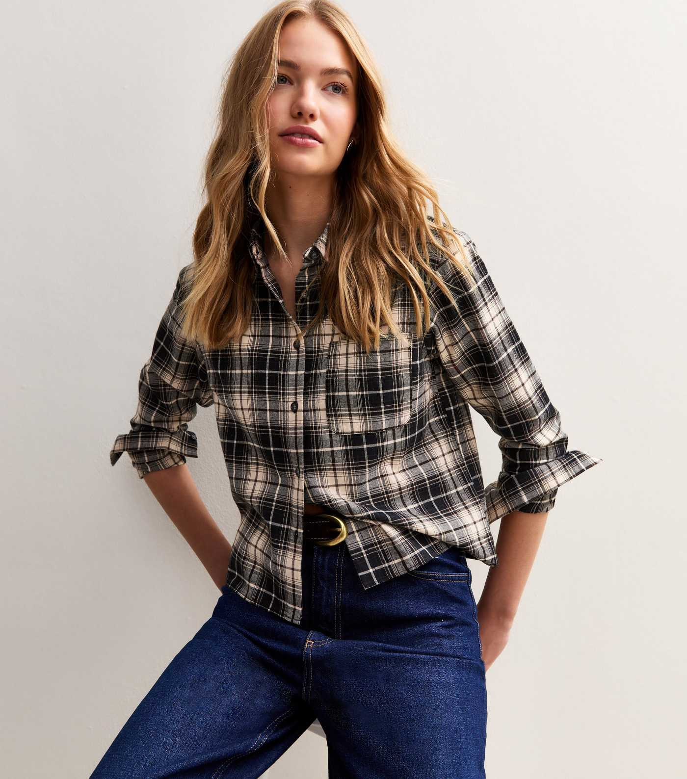 Black Check Print Long Sleeve Cropped Shirt | New Look | New Look (UK)