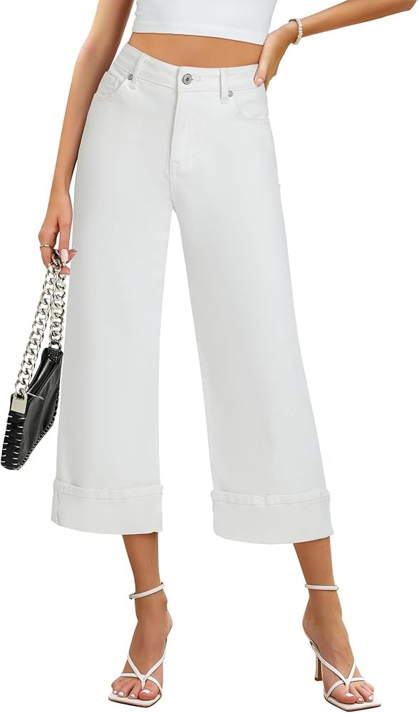 GRAPENT Wide Leg Jeans for Women High Waisted Stretchy Denim Capri Pants Fold Hem Cropped Baggy C... | Amazon (US)