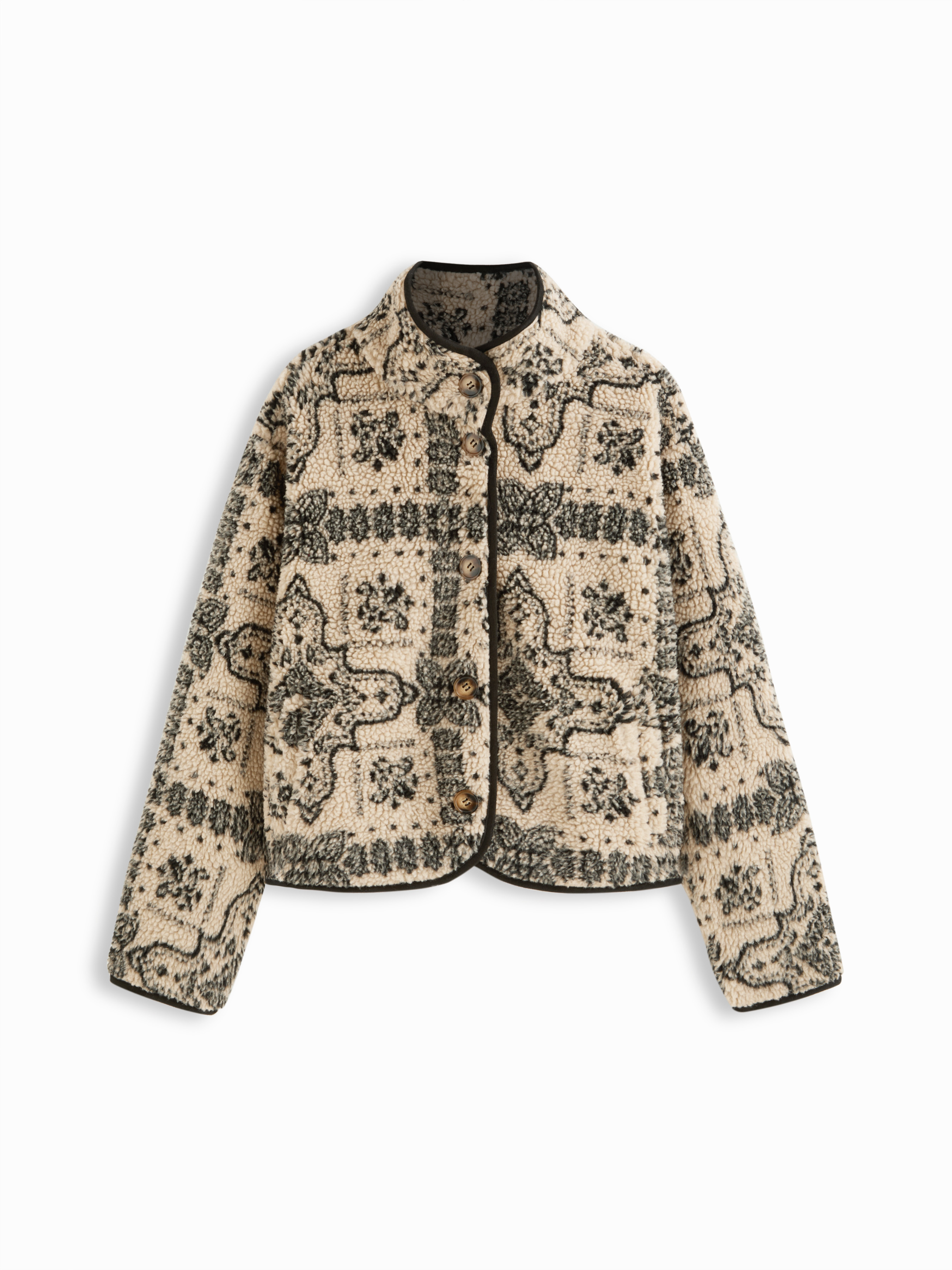 Fleece Fleece Aztec Button Stand Collar Long Sleeve Jacket For Daily Casual | Cider