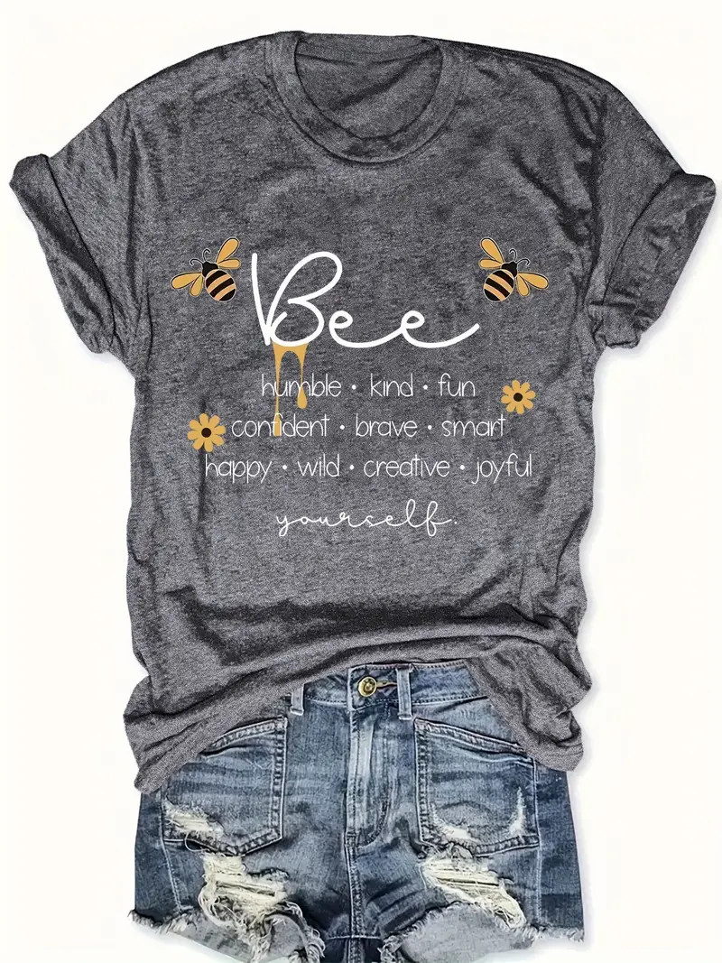Bee Letter Print T shirt Plus Size Casual Short Sleeve Top - Temu | Temu Affiliate Program