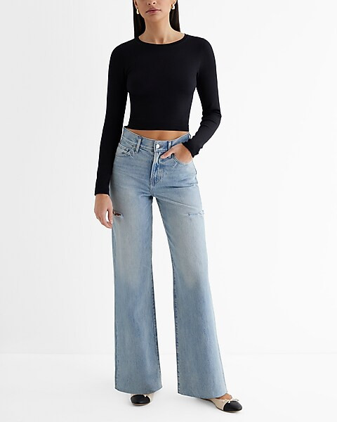 High Waisted Light Wash Raw Hem Ripped Sides Wide Leg Jeans | Express